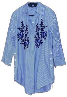Embroidered Stripe Button Down Tunic Floral 3/4 Sleeve Womens M Blue White